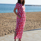Women's Red Leaf Print Jersey Maxi Dress with Pockets