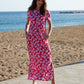 Women's Red Leaf Print Jersey Maxi Dress with Pockets