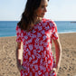 Women's Red Leaf Print Jersey Maxi Dress with Pockets