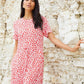 Women's Red Floral Ruched Waist Jersey Midi Dress with Pockets