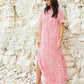 Women's Red Floral Ruched Waist Jersey Midi Dress with Pockets